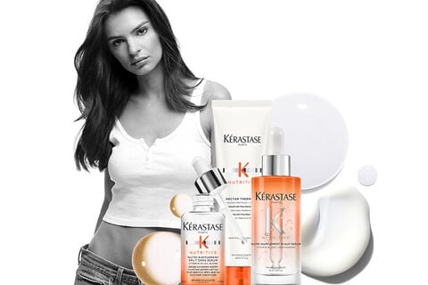 Kerastase’s egerie Emily Ratajkowski– banner presenting some new Nutritive products.