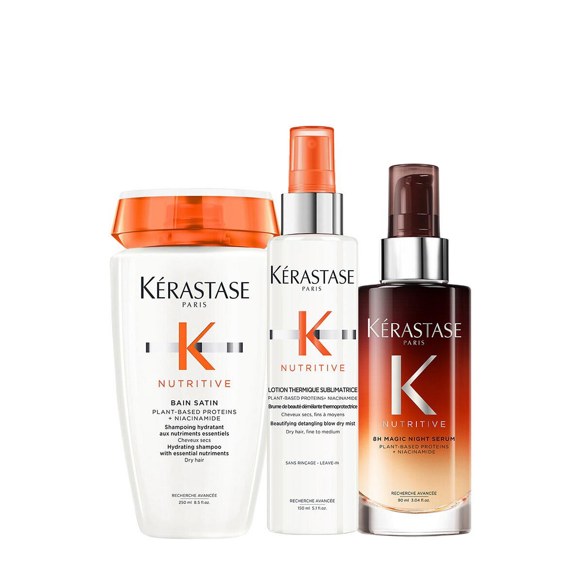 Nutritive set for dry hair, includes 8H Night Serum and heat protection